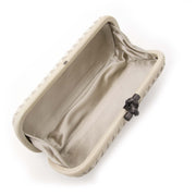 koop online jouw tweedehands Bottega Veneta Satin Intreccio Impero Ayers Stretch Knot Grey Clutch