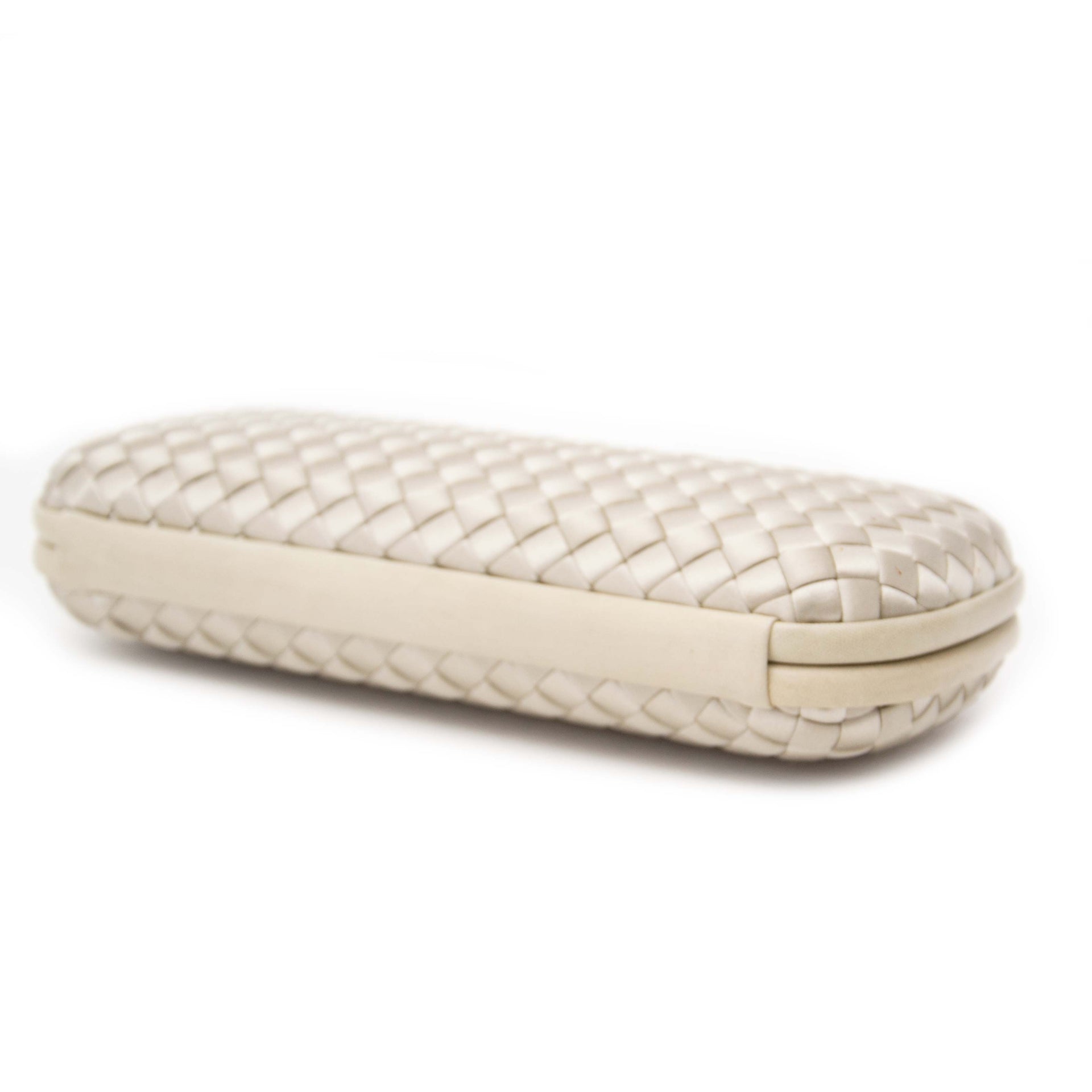 shop safe online your Bottega Veneta Satin Intreccio Impero Ayers Stretch Knot Grey Clutch