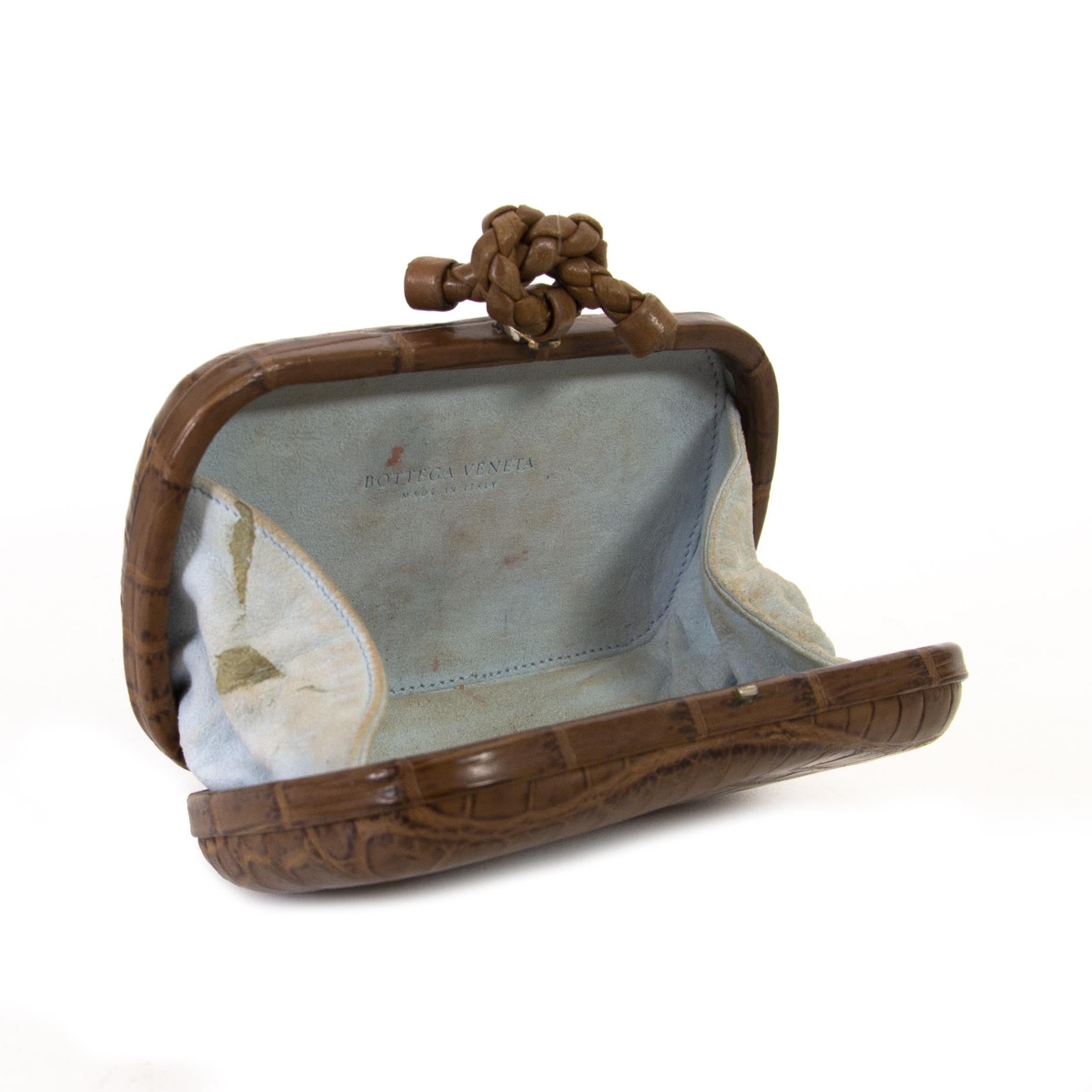 Bottega Veneta Crocodile Knot Clutch now for sale at labellov vintage fashion webshop belgium