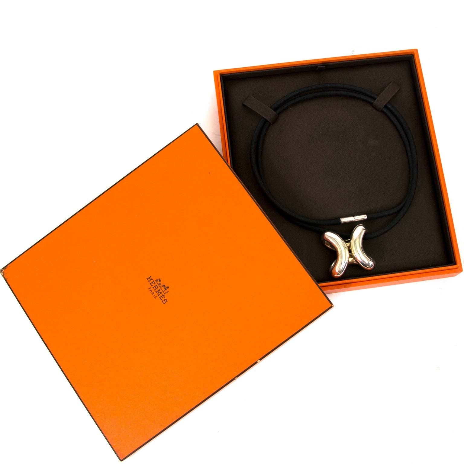 buy Hermès Silver Fancy 'H' Pendant & Leather Cord Necklace and pay save online