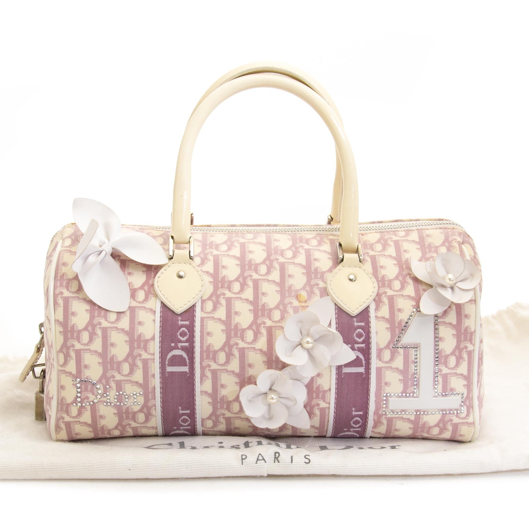 Dior Pink Monogram Flowers Boston Bag now for sale at labellov vintage fashion webshop belgium
