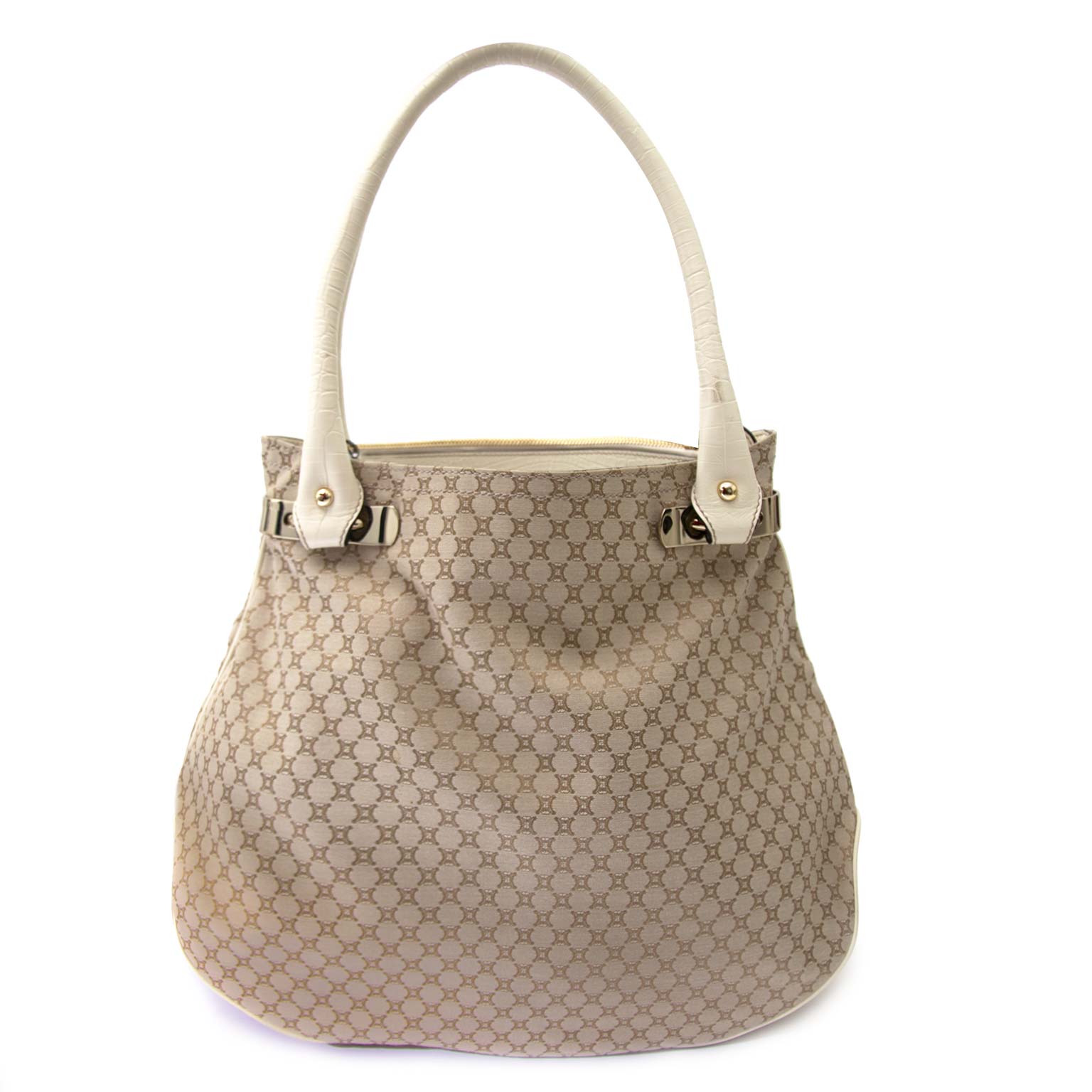 koop veilig online Céline Ivory Monogram Canvas Leather Tassel Bag