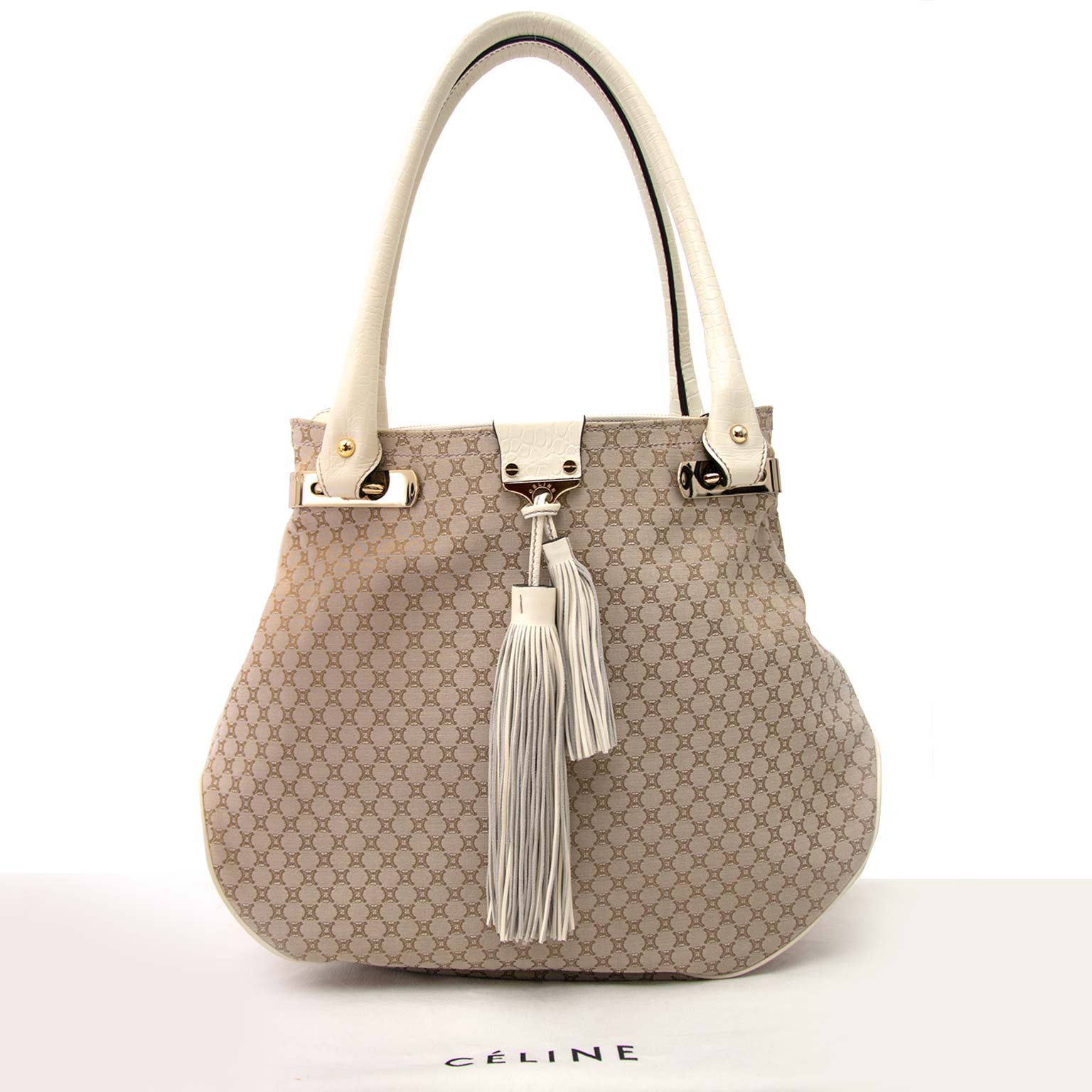 shop safe online Céline Ivory Monogram Canvas Leather Tassel Bag