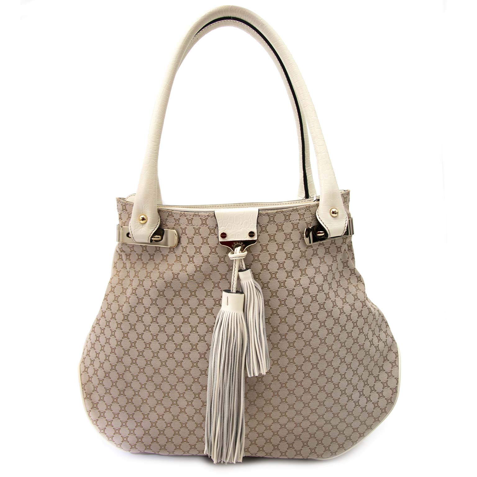shop safe online Céline Ivory Monogram Canvas Leather Tassel Bag