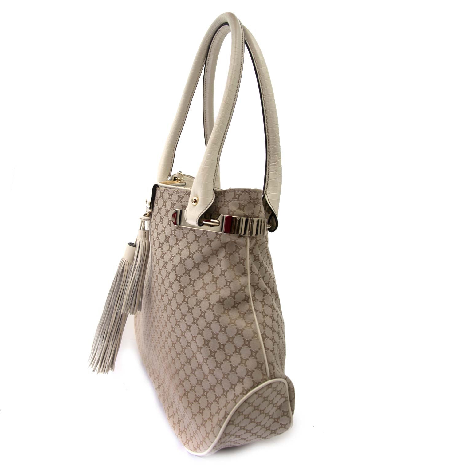 shop safe online Céline Ivory Monogram Canvas Leather Tassel Bag