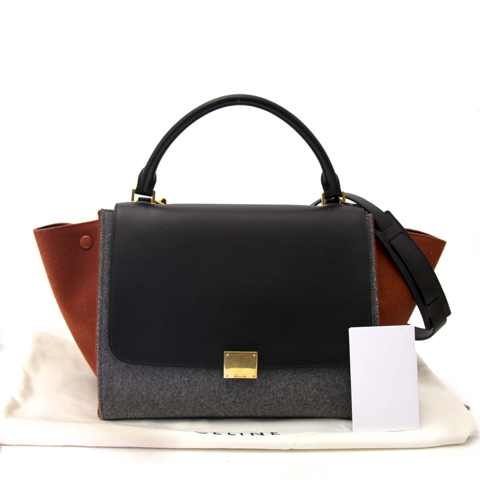 koop veilig online tegen de beste prijs Never Used Celine Brick Grey Blue TriColor Leather Felt Trapeze Top Handle