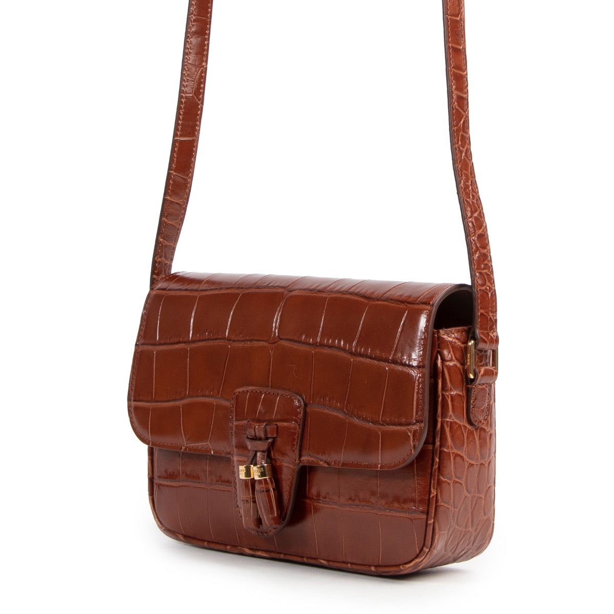 shop your secondhand luxury Céline Brown Croco Stamp Tassel Bag Medium