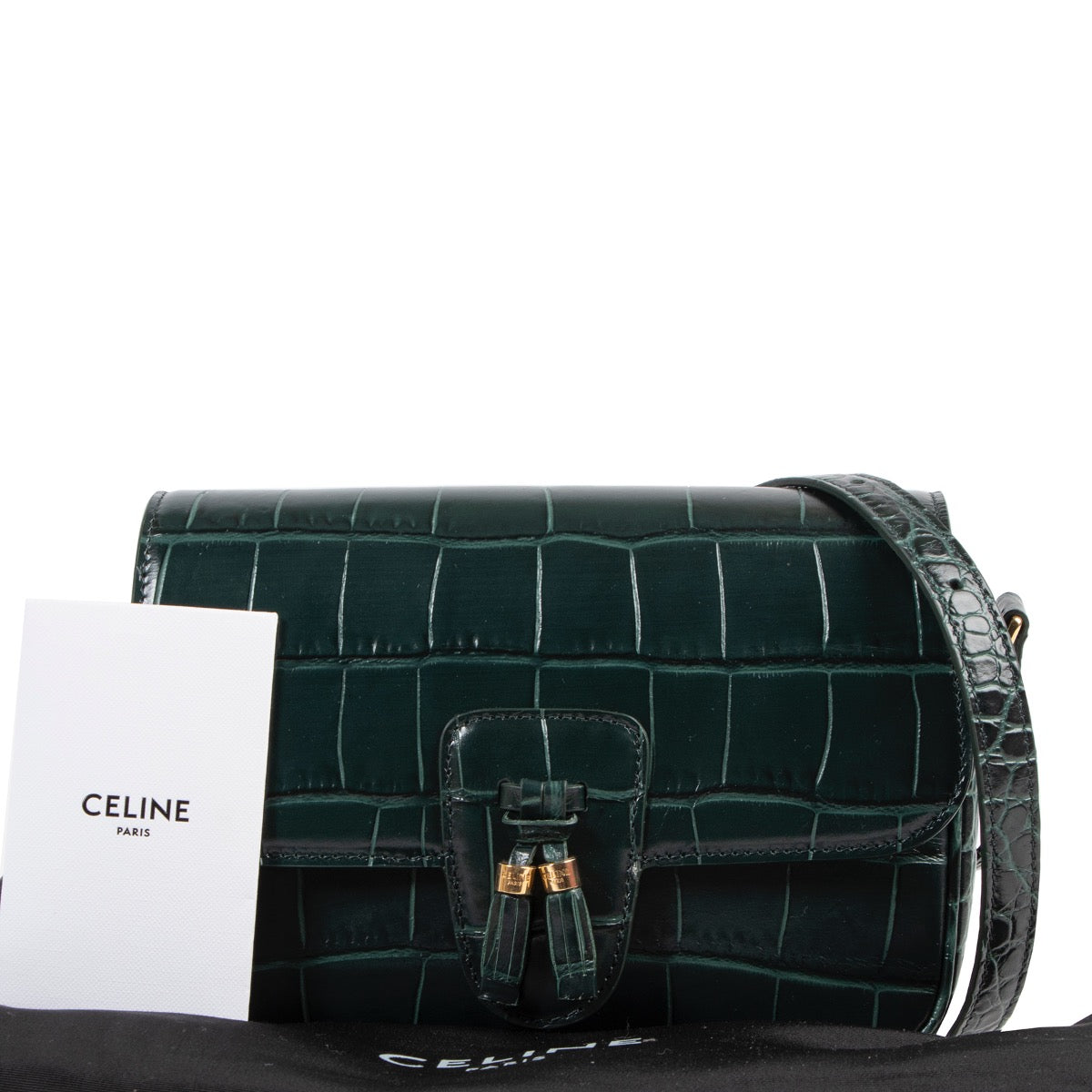 Celine Green Crocodile-Embossed Medium Tassel Bag