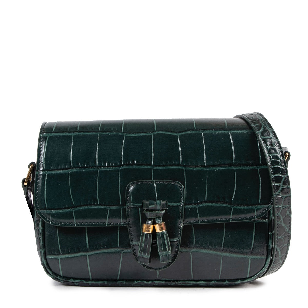 shop safe online secondhand green Celine tassel bag Céline Green Croco Stamp Tassel Bag Medium