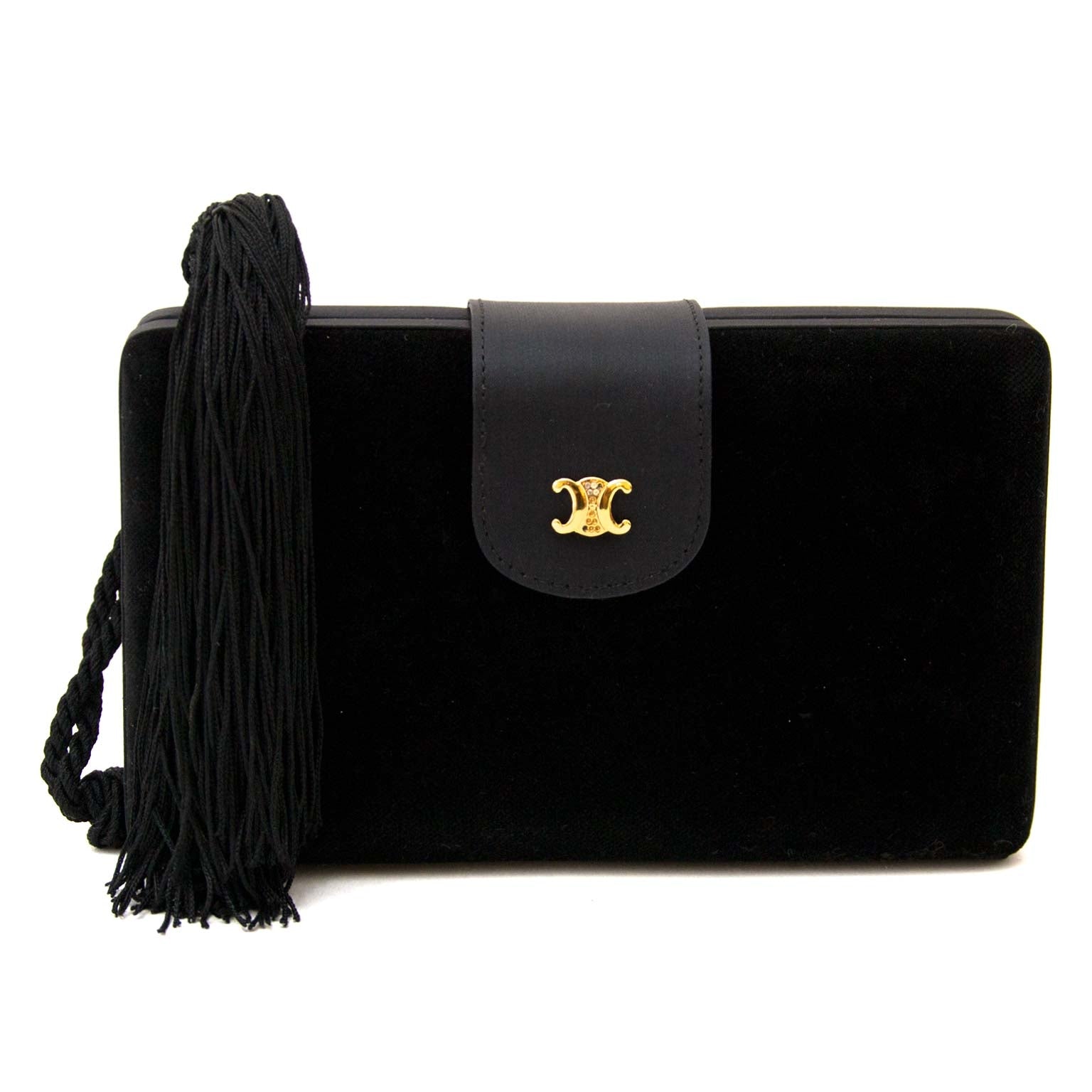 céline paris black velvet box clutch now for sale at labellov vintage fashion webshop belgium