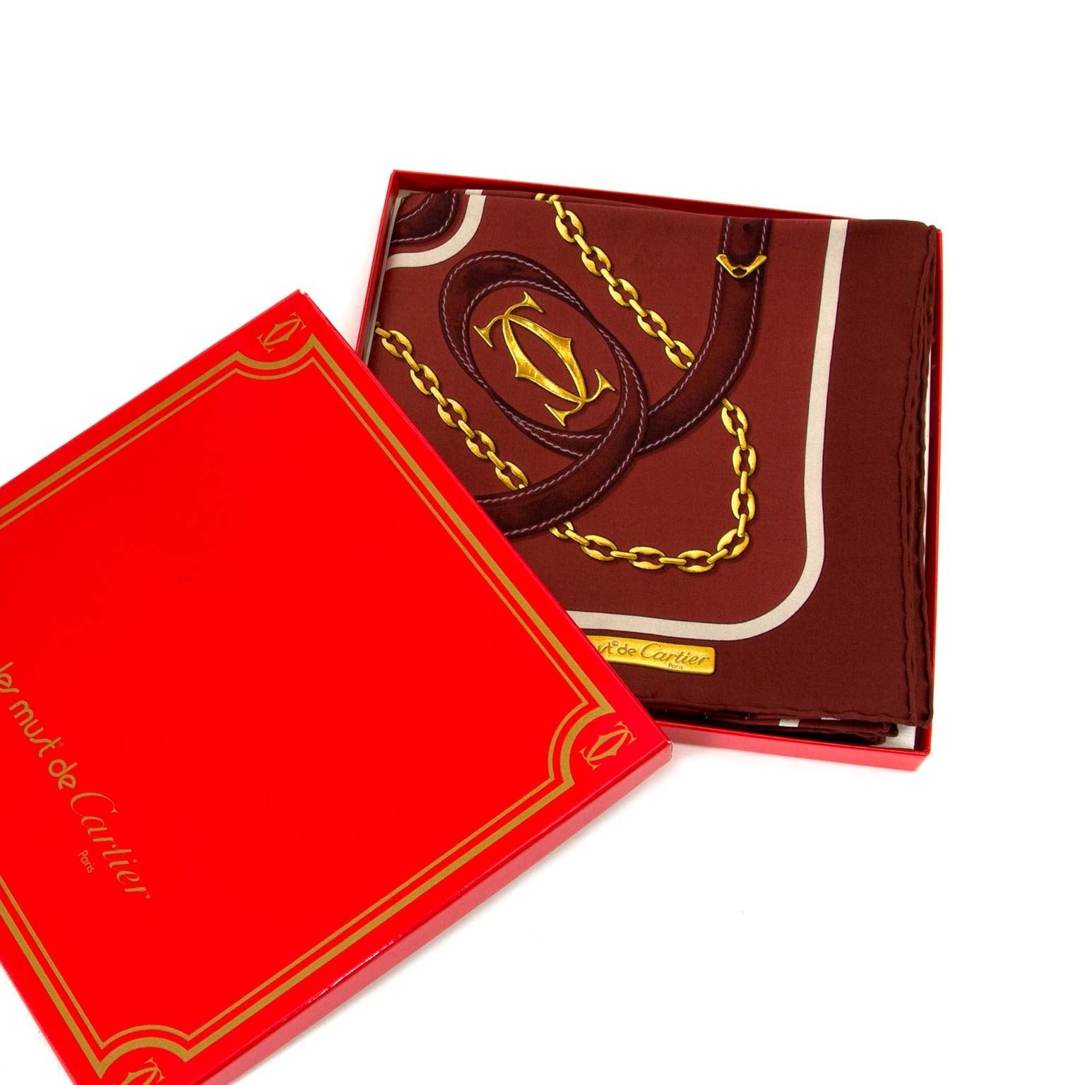 Cartier Burgundy Silk Scarf now for sale at labellov vintage fashion webshop belgium