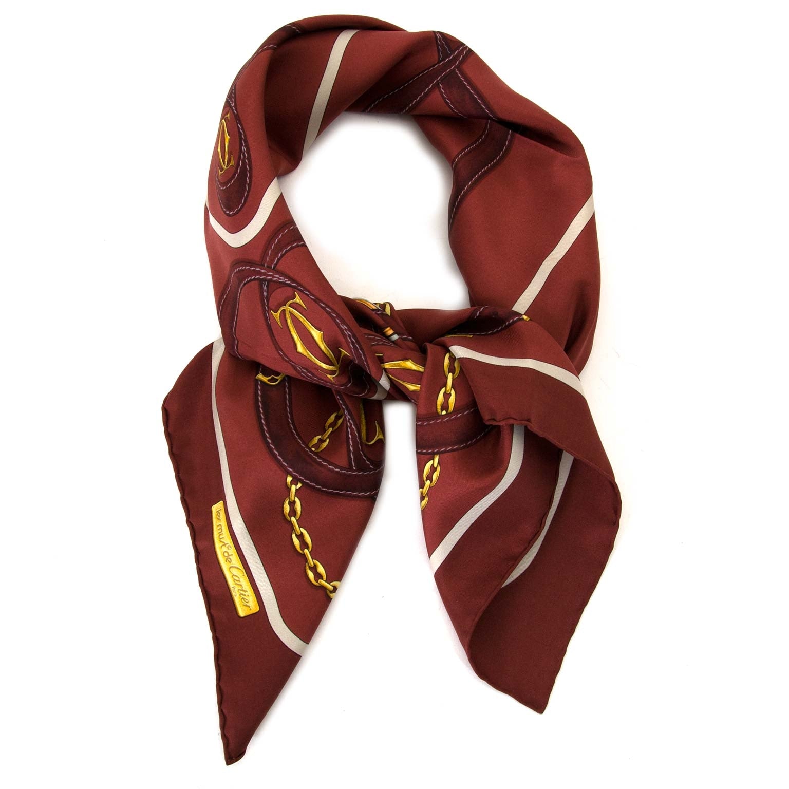 Cartier Burgundy Silk Scarf now for sale at labellov vintage fashion webshop belgium