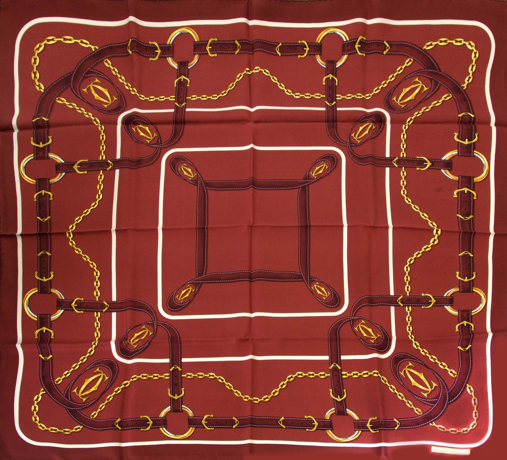 Cartier Burgundy Silk Scarf now for sale at labellov vintage fashion webshop belgium