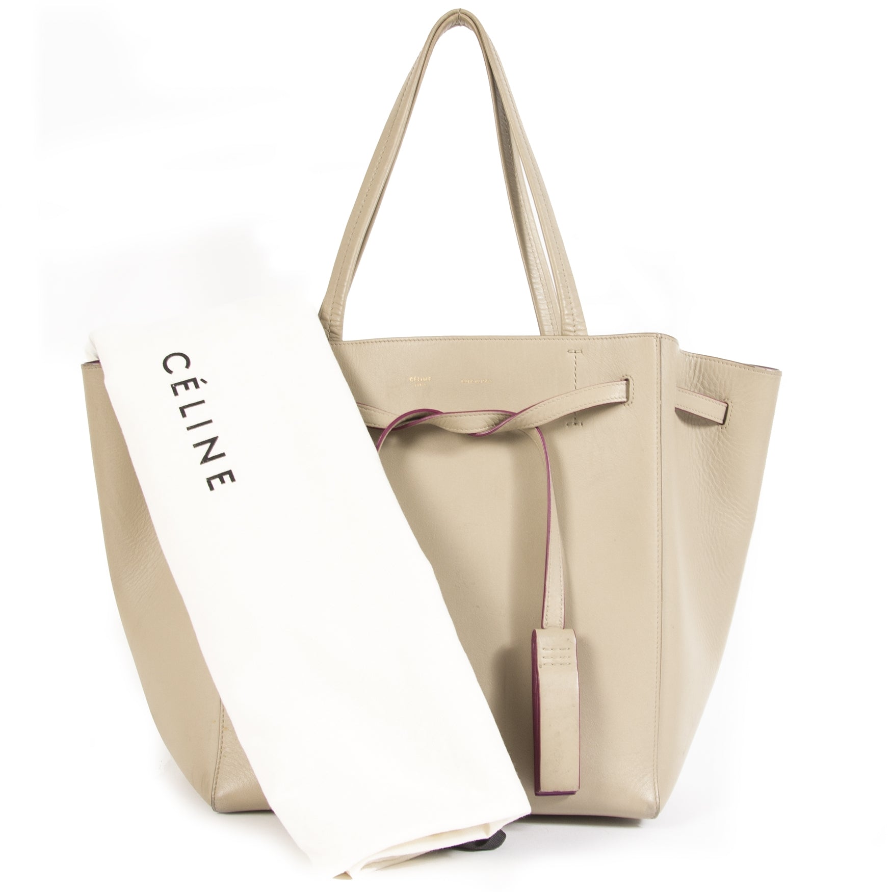 Authentieke tweedehands Céline Small Beige Calfskin Cabas Phantom with Fuchsia Interior juiste prijs veilig online winkelen LabelLOV webshop luxe merken winkelen Antwerpen België mode fashion