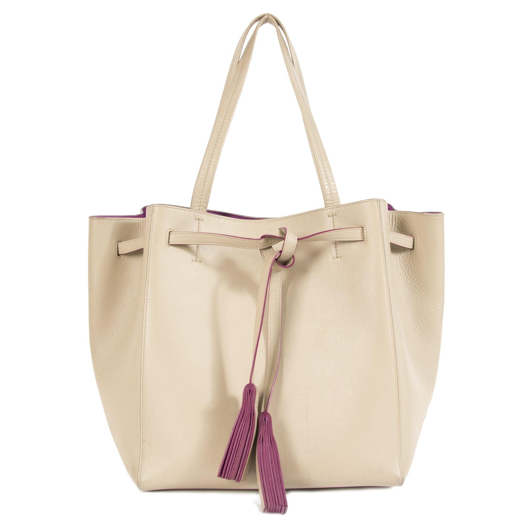 Authentieke tweedehands Céline Small Beige Calfskin Cabas Phantom with Fuchsia Interior juiste prijs veilig online winkelen LabelLOV webshop luxe merken winkelen Antwerpen België mode fashion