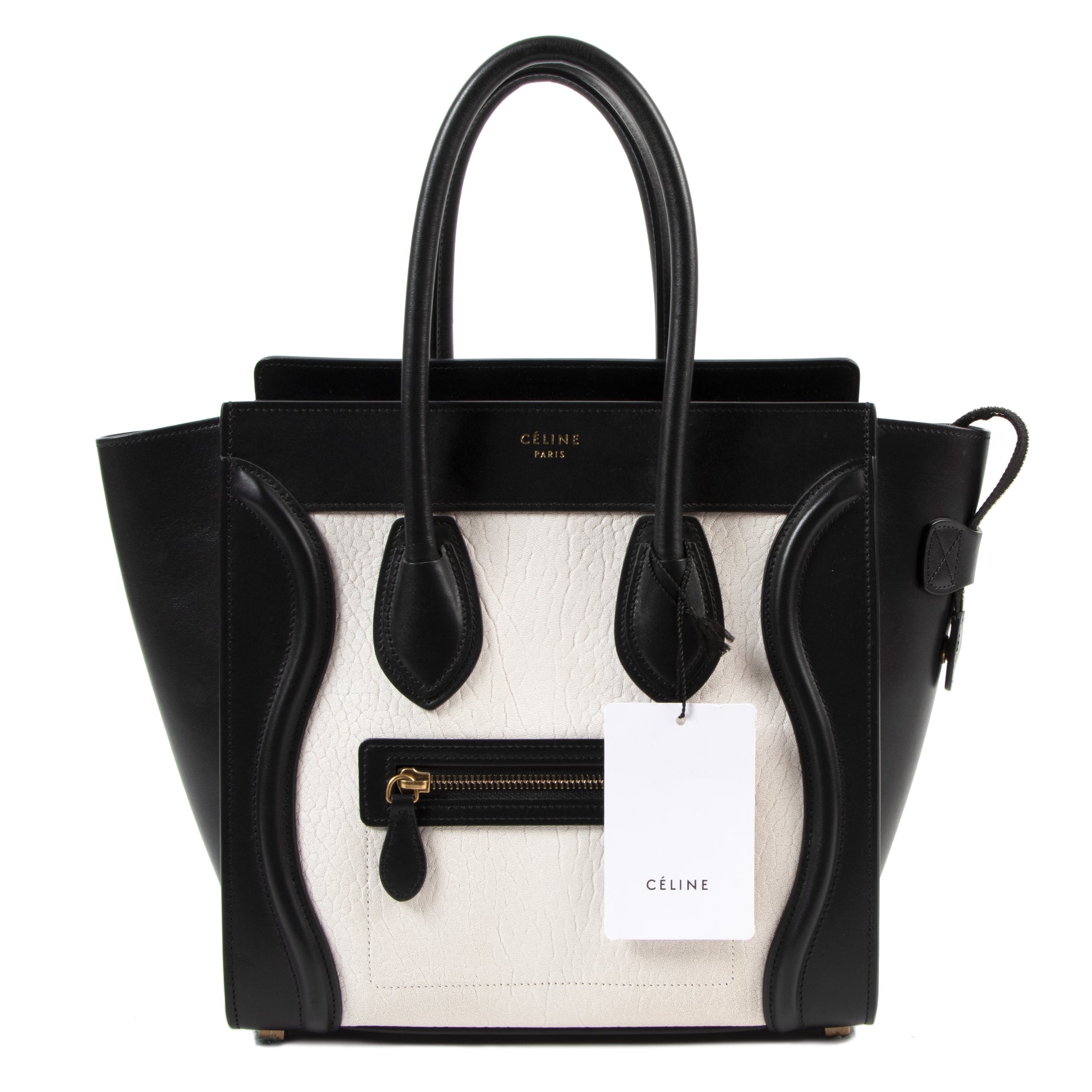 shop Celine Micro Black & White Luggage Handbag