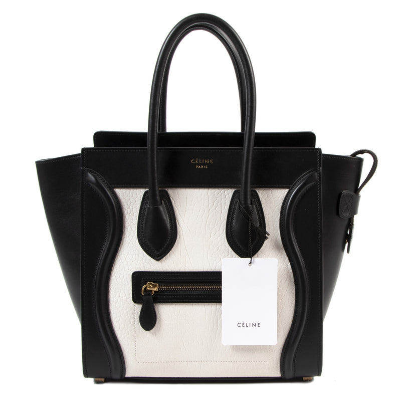 shop Celine Micro Black & White Luggage Handbag