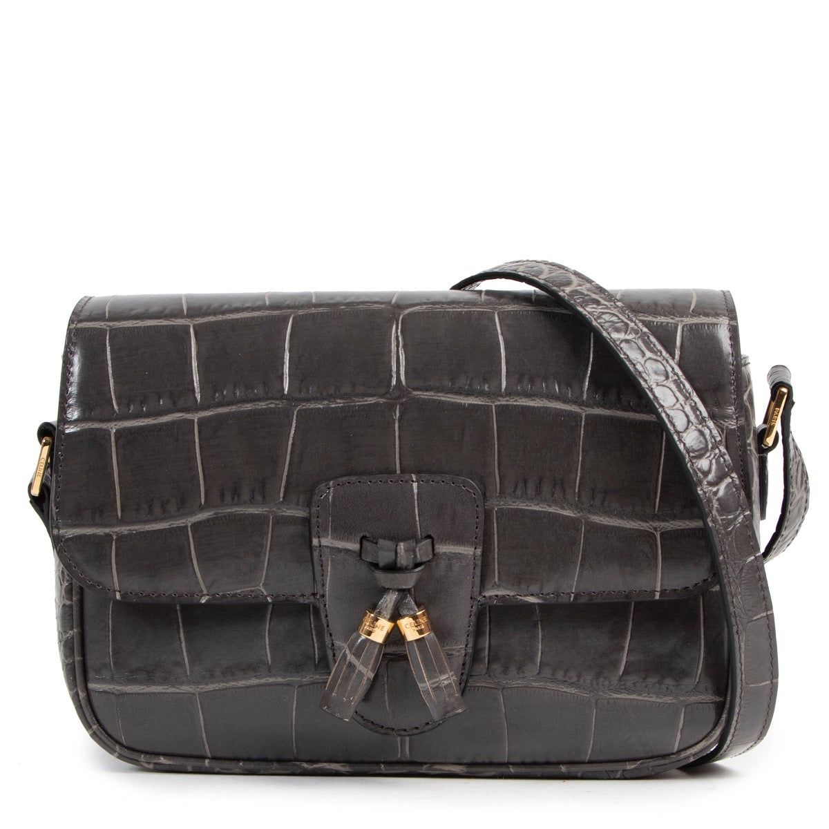Céline Grey Croco Stamp Tassel Bag Medium
