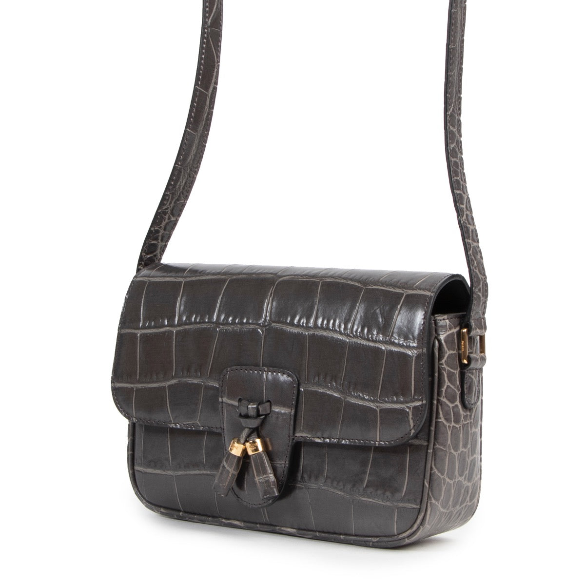 acheter en ligne seconde main Céline Grey Croco Stamp Tassel Bag Medium