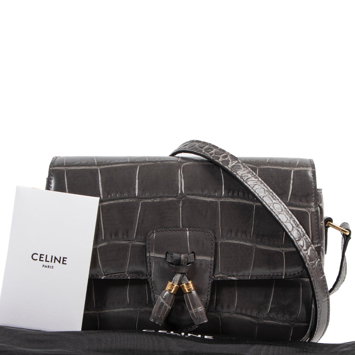 Celine Grijze Krokodillenprint Medium Tasseltas