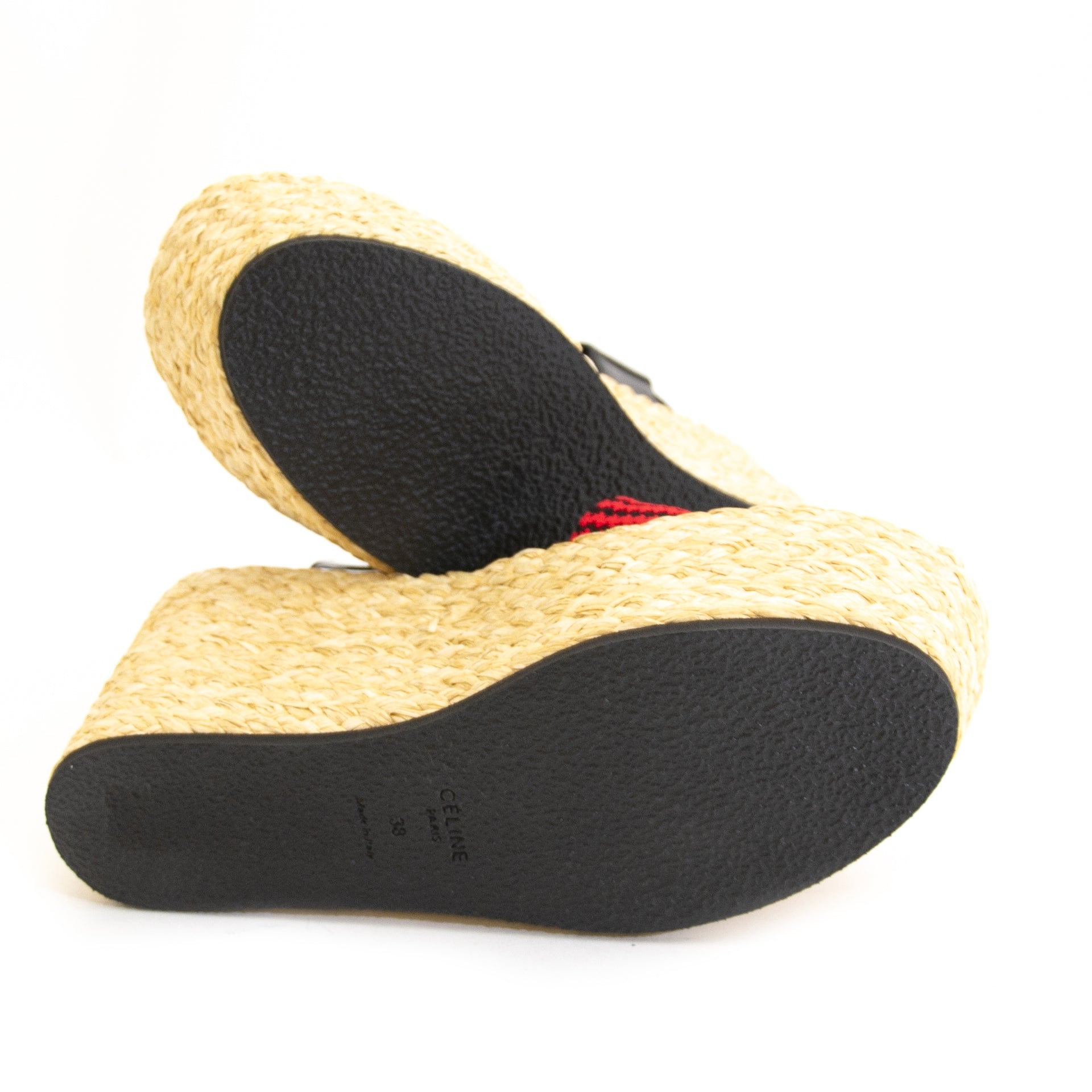 Authentieke tweedehands nieuwstaat Celine Patent Leather Raffia Wedges - size 38 online webshop LabelLOV