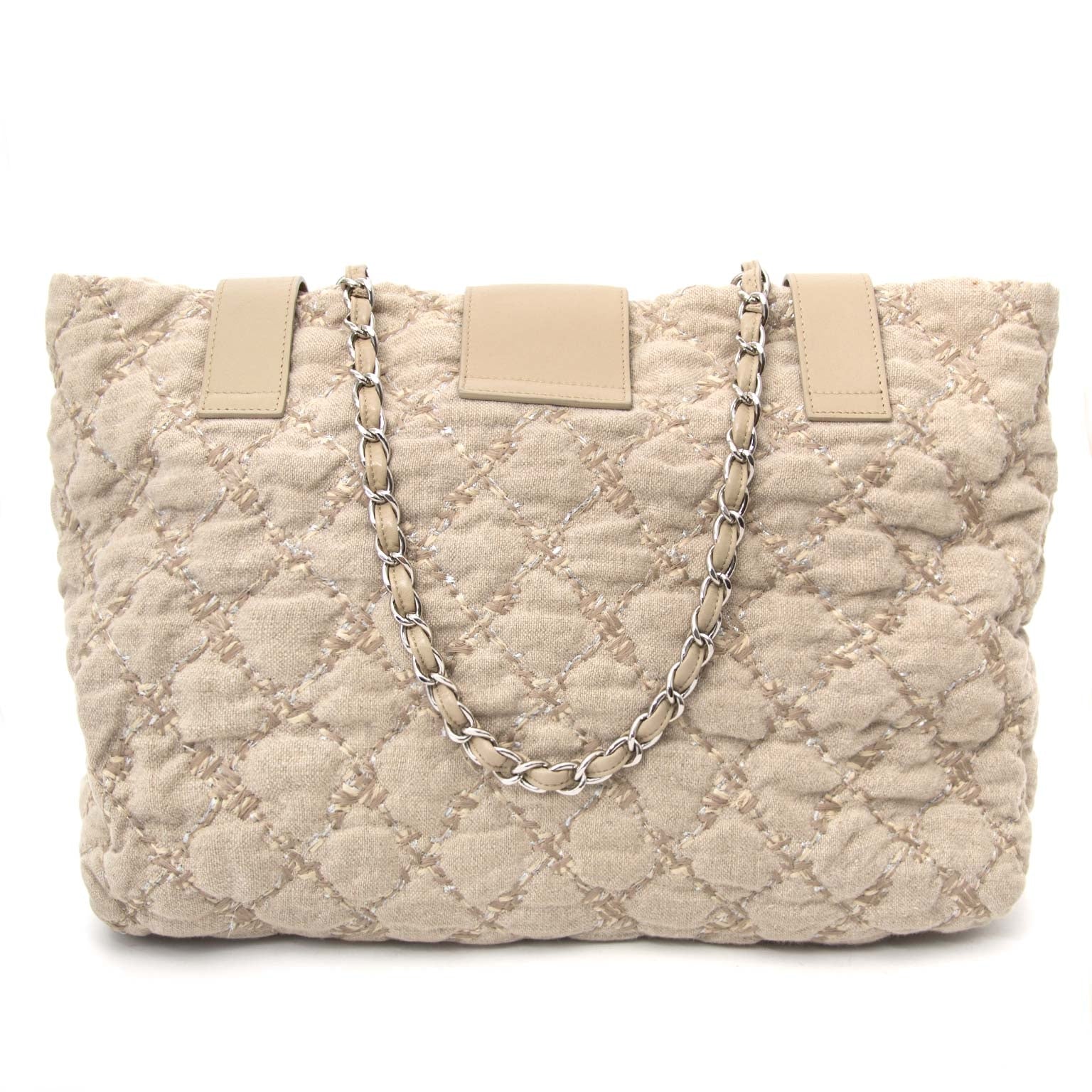 safe and secure shopping Chanel Beige Quilted Tweed Shopping Tote at Labellov in Antwerp