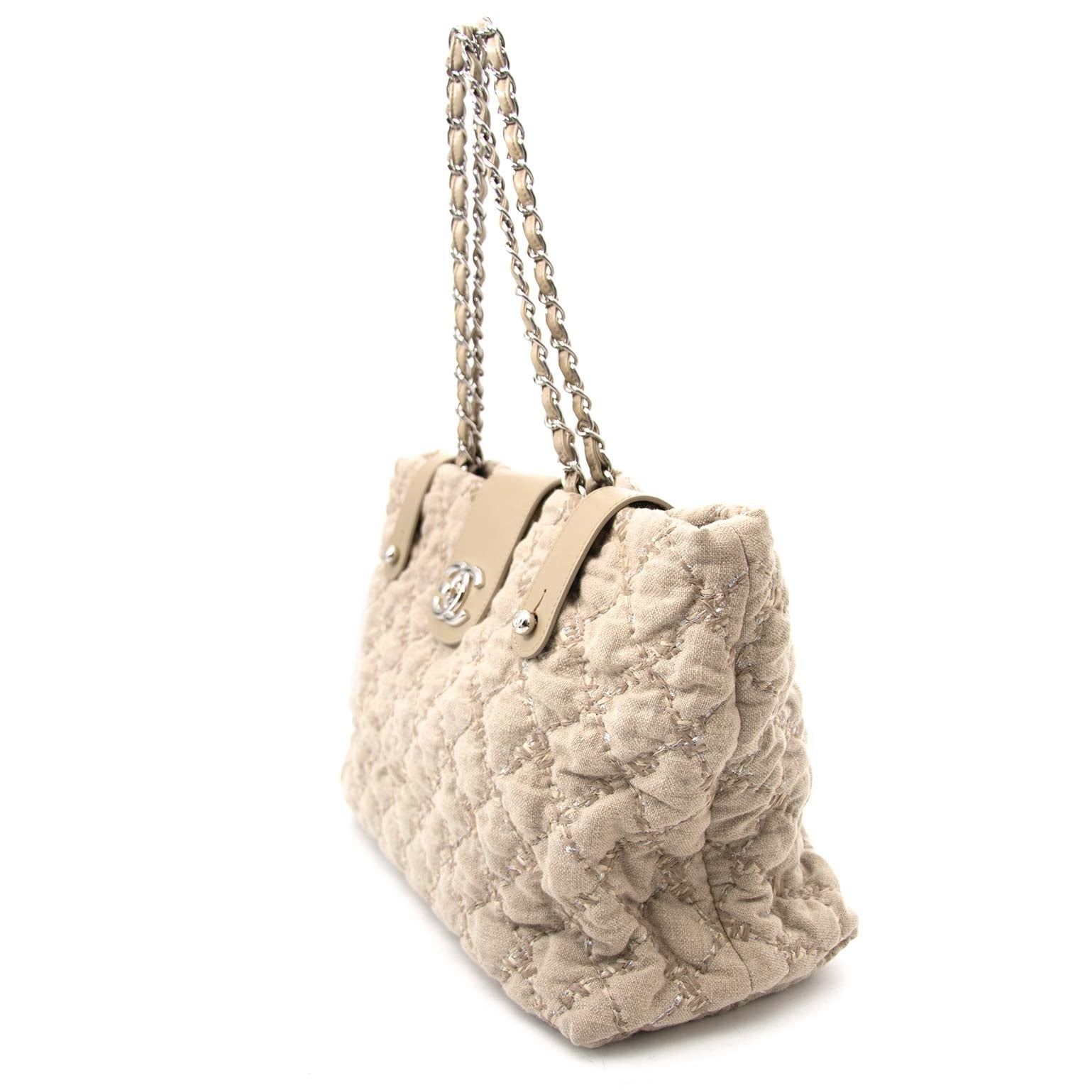 buy secondhand Chanel Beige Quilted Tweed Shopping Tote for less at Labellov, online vintage webshop