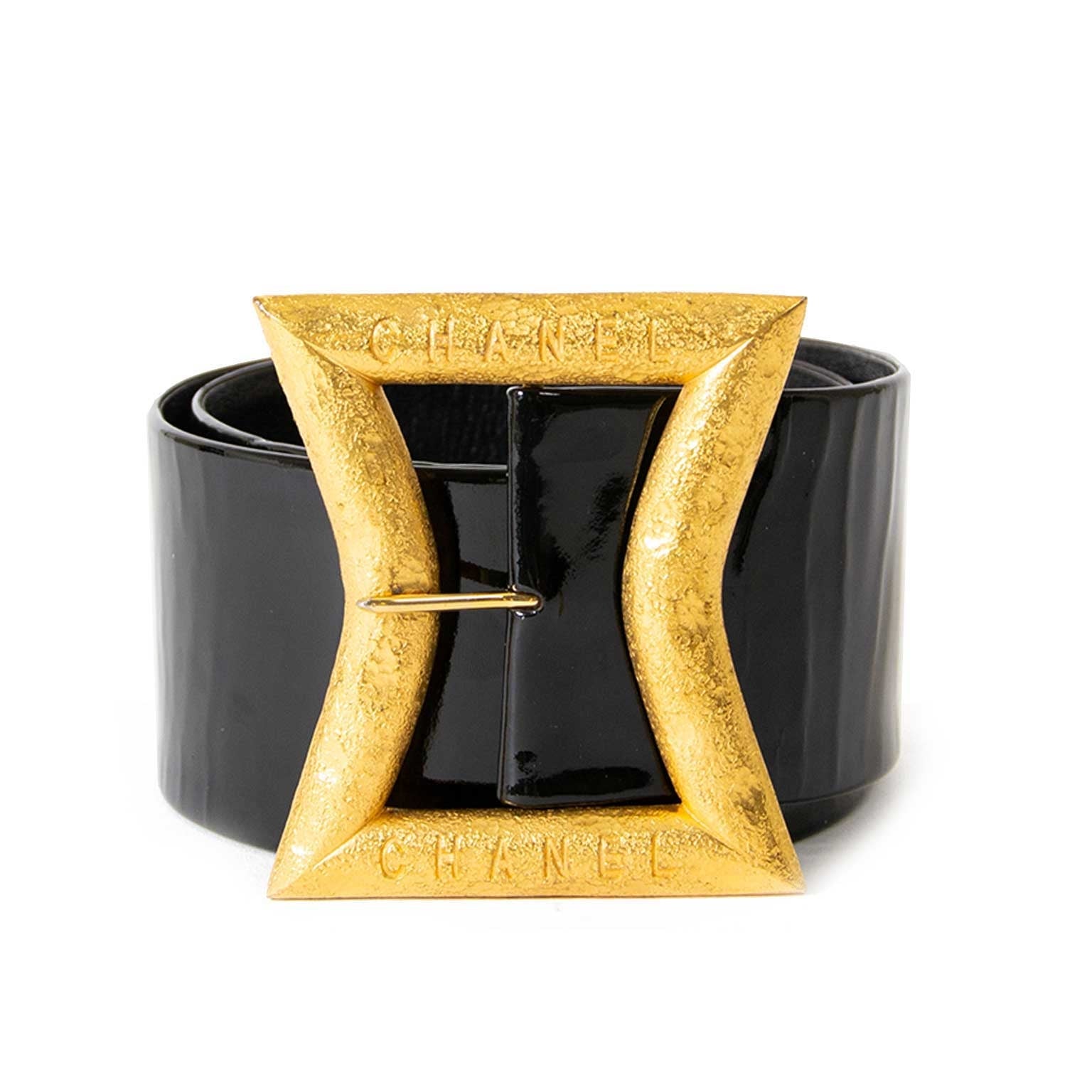 chanel black large patent belt now for sale at labellov vintage fashion webshop belgium