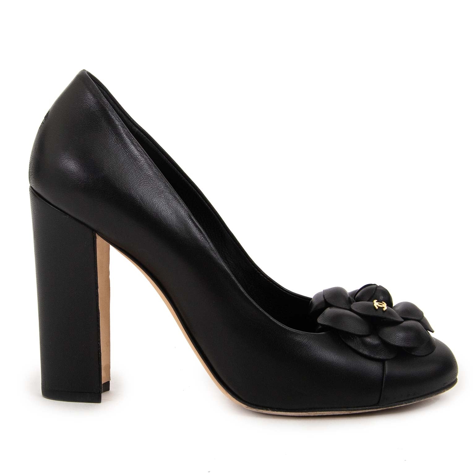 chanel black camelia heels now for sale at labellov vintage fashion webshop belgium