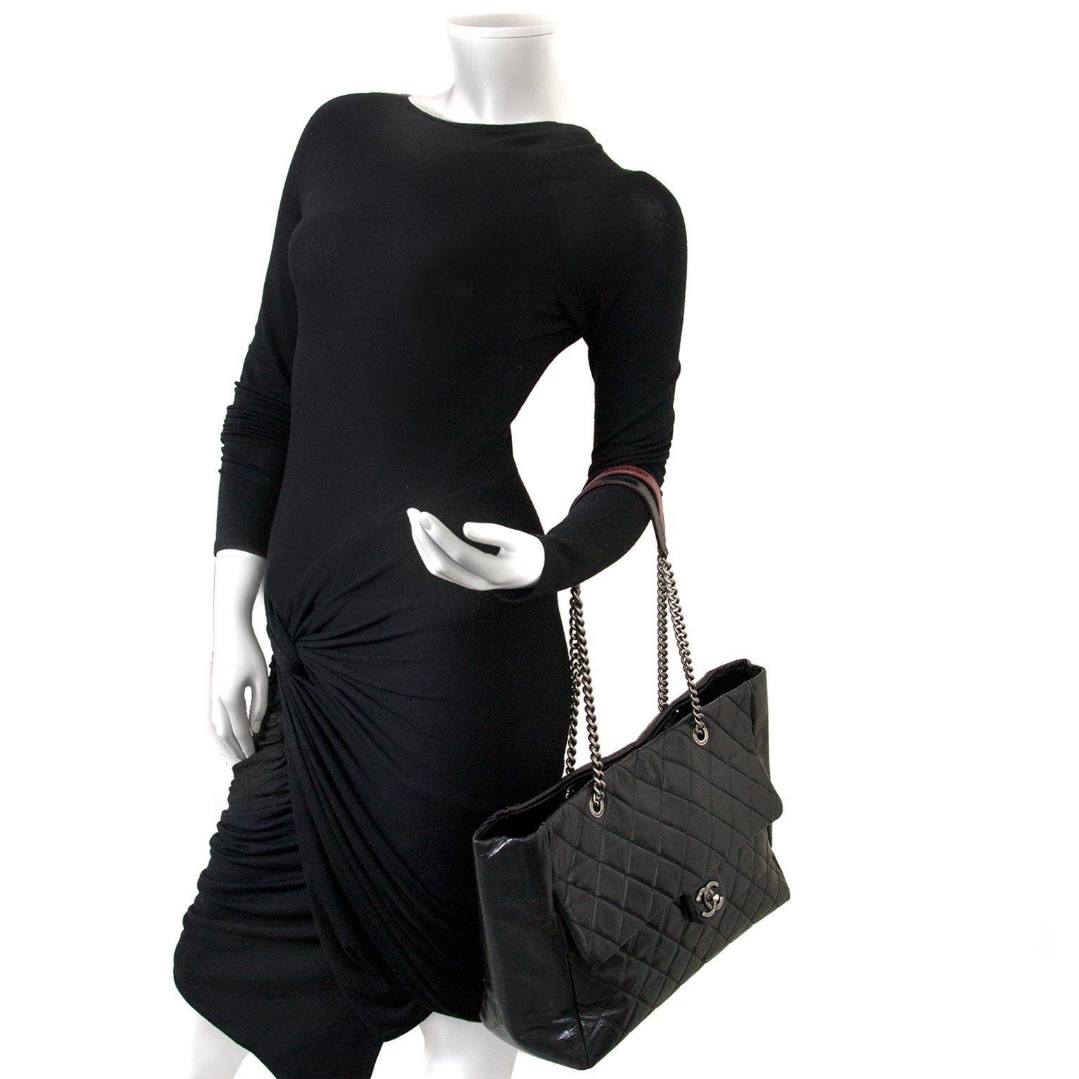 Chanel Glazed Calfskin Shopper Flap Tote as worn by a model