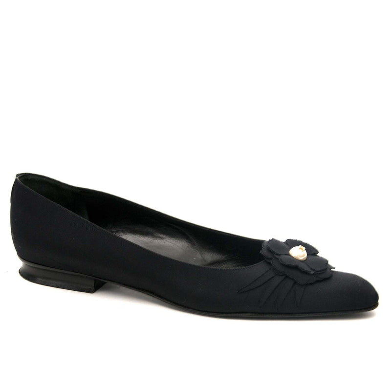 Chanel Black Fabric Pearl Camelia Ballerina Flats for sale online at Labellov