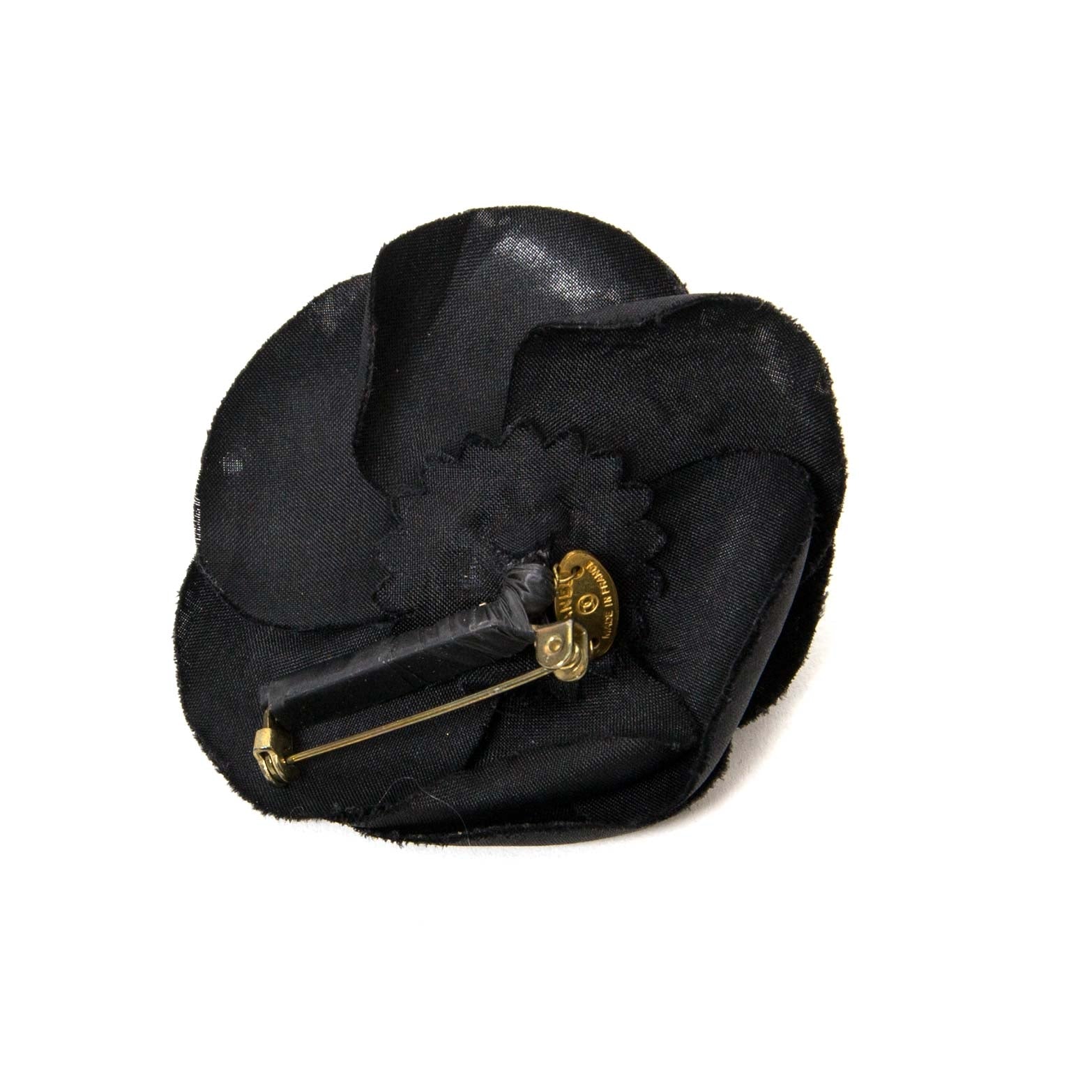 chanel black satin camelia brooch now for sale at labellov vintage fashion webshop belgium