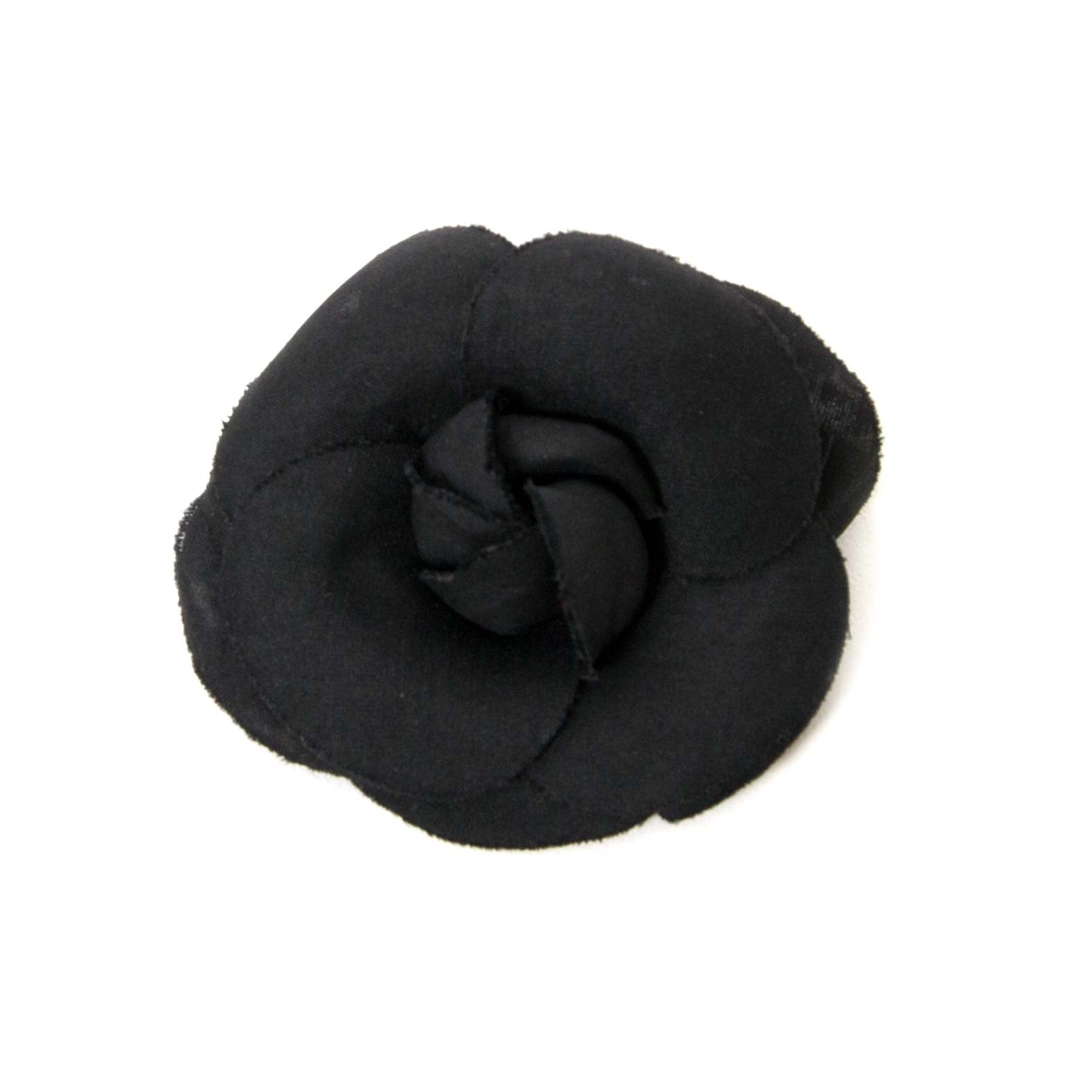 chanel black satin camelia brooch now for sale at labellov vintage fashion webshop belgium