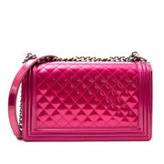 worldwide shipping best price rare limited secondhand sold out limited 2014 collection Chanel Metallic Patent Fuchsia New Medium Boy Bag