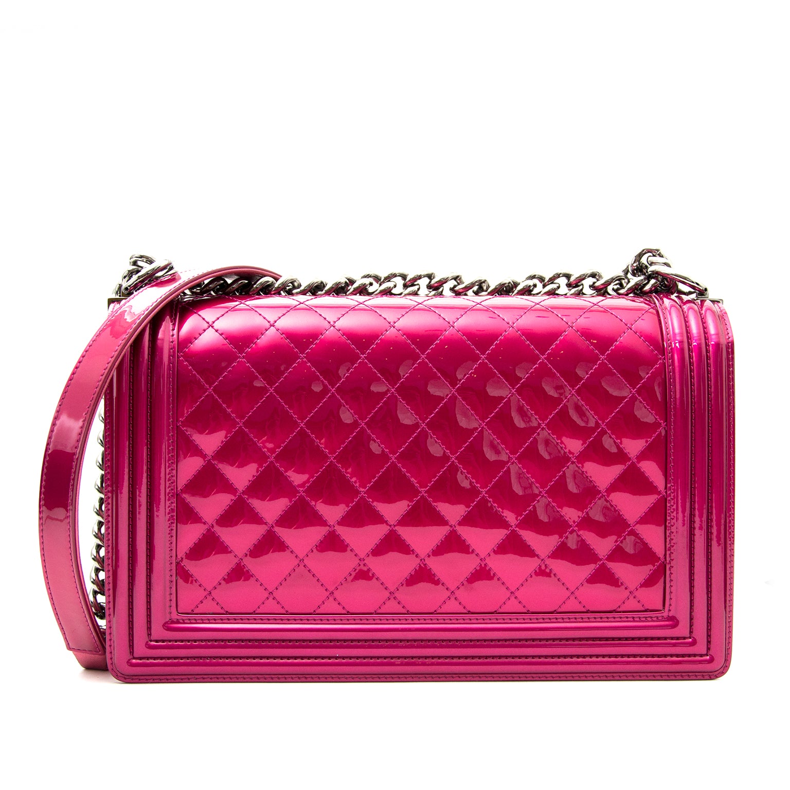 worldwide shipping best price rare limited secondhand sold out limited 2014 collection Chanel Metallic Patent Fuchsia New Medium Boy Bag