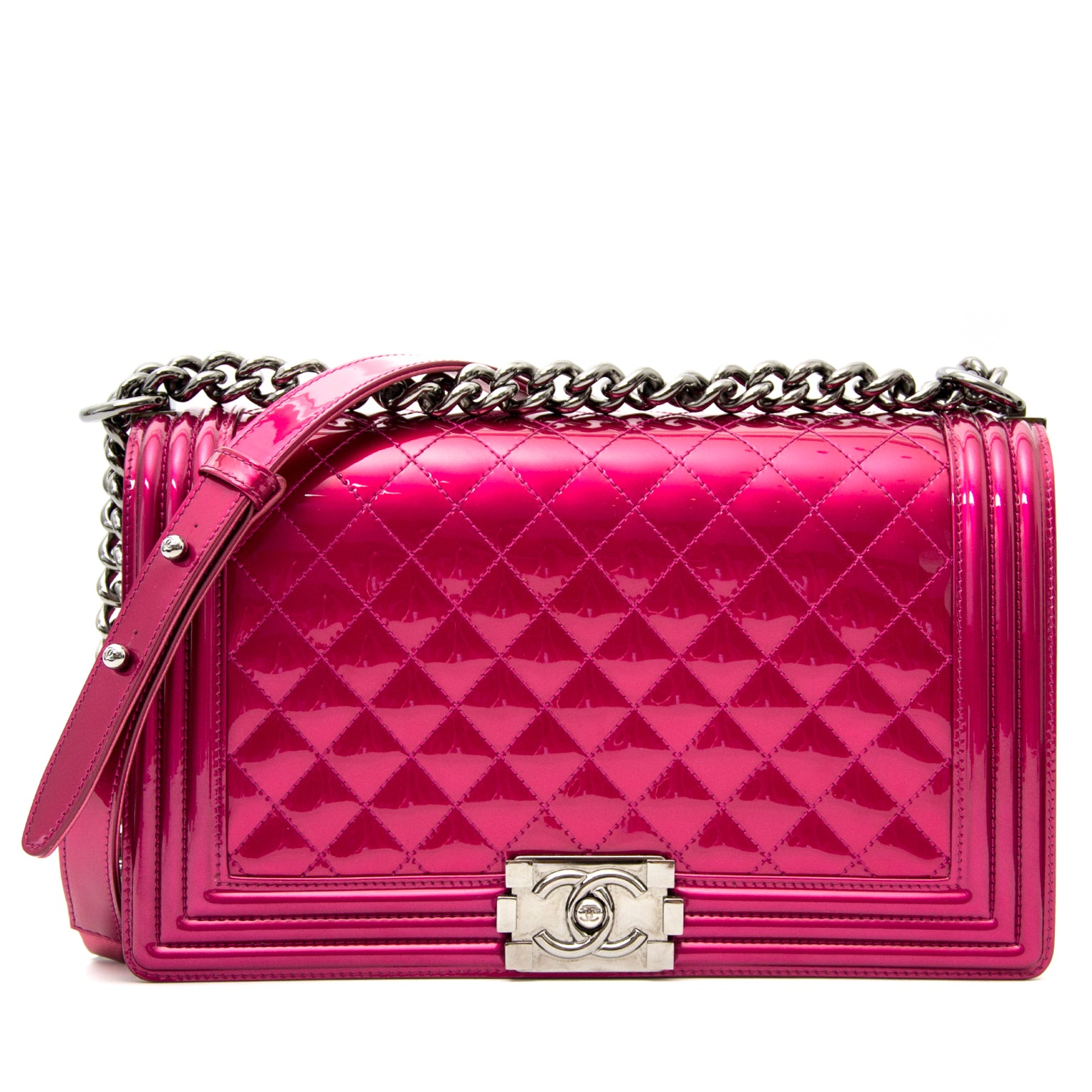 sold out limited 2014 collection Chanel Metallic Patent Fuchsia New Medium Boy Bag