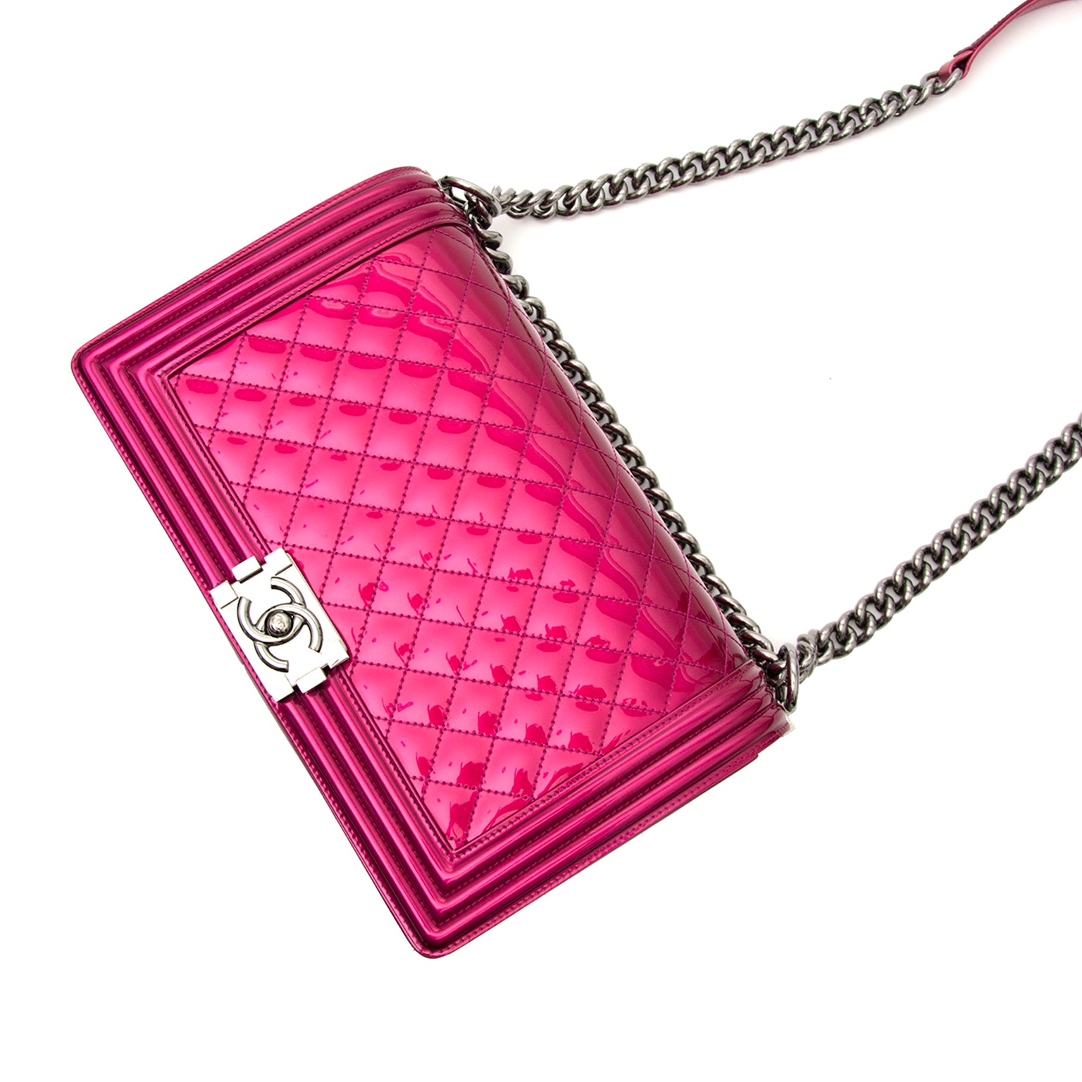 worldwide shipping best price rare limited secondhand sold out limited 2014 collection Chanel Metallic Patent Fuchsia New Medium Boy Bag full set