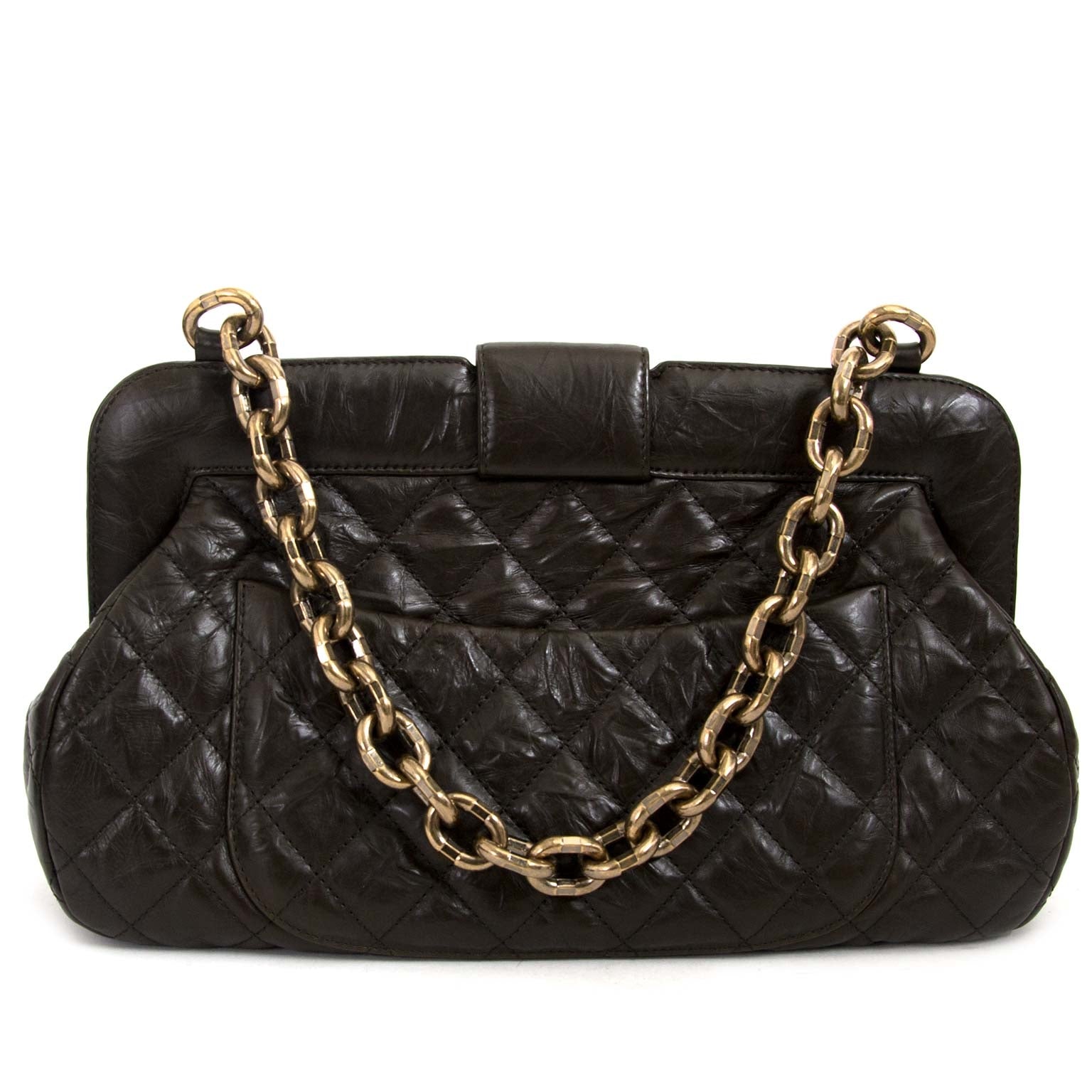 chanel bruine quilted leather frame schoudertas nu te koop bij labellov vintage mode webshop belgië