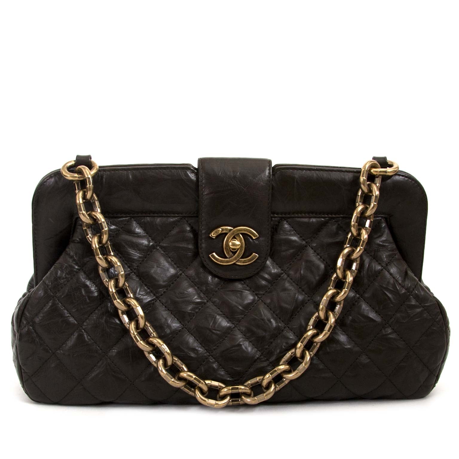 chanel brown quilted leather frame shoulder bag now for sale at labellov vintage fashion webshop belgium