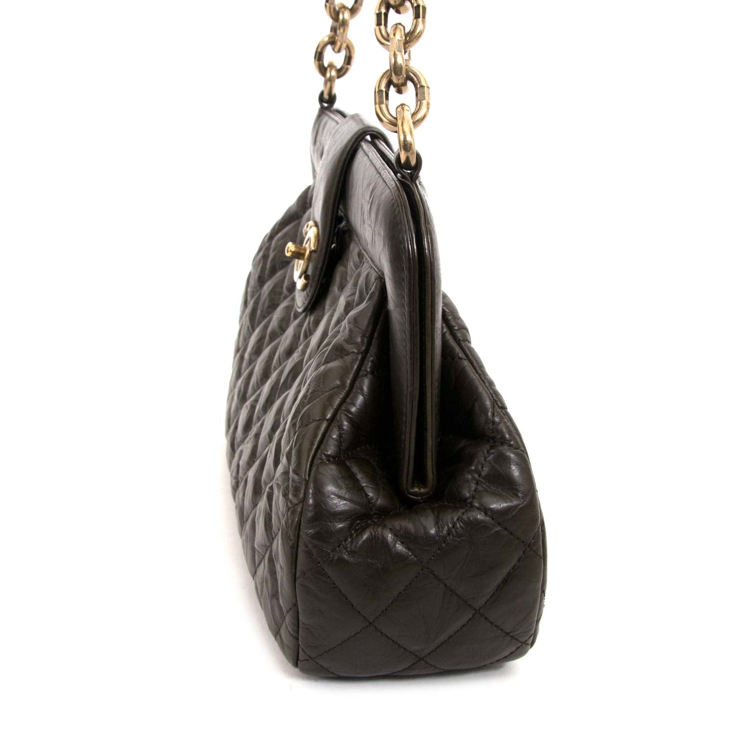 chanel brown quilted leather frame shoulder bag now for sale at labellov vintage fashion webshop belgium