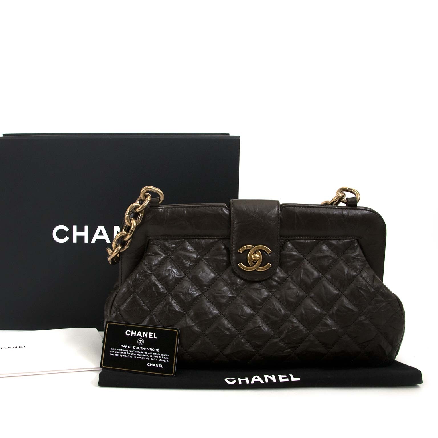 chanel bruine quilted leather frame schoudertas nu te koop bij labellov vintage mode webshop belgië