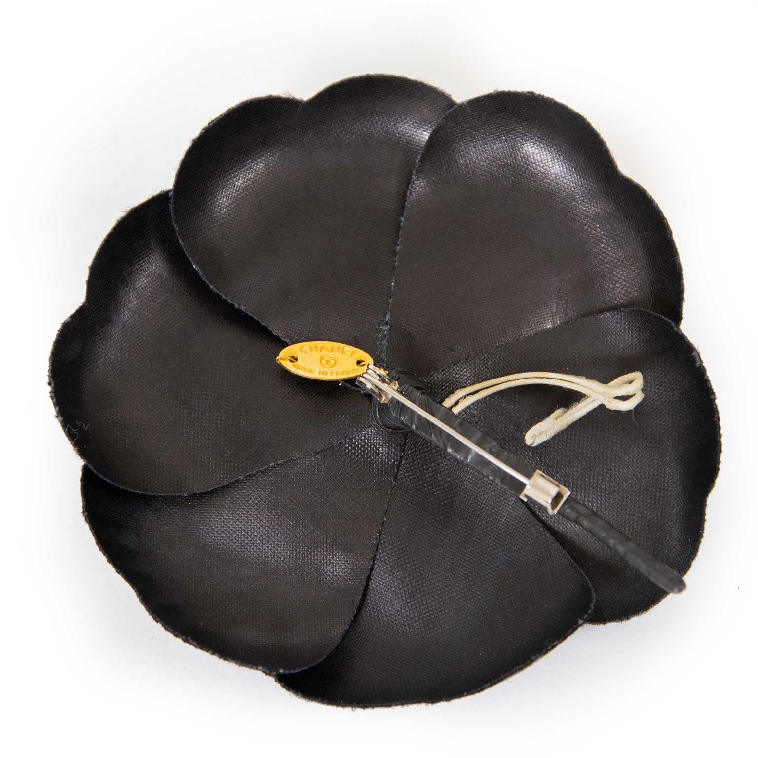 chanel black satin camelia brooch now for sale at labellov vintage fashion webshop belgium