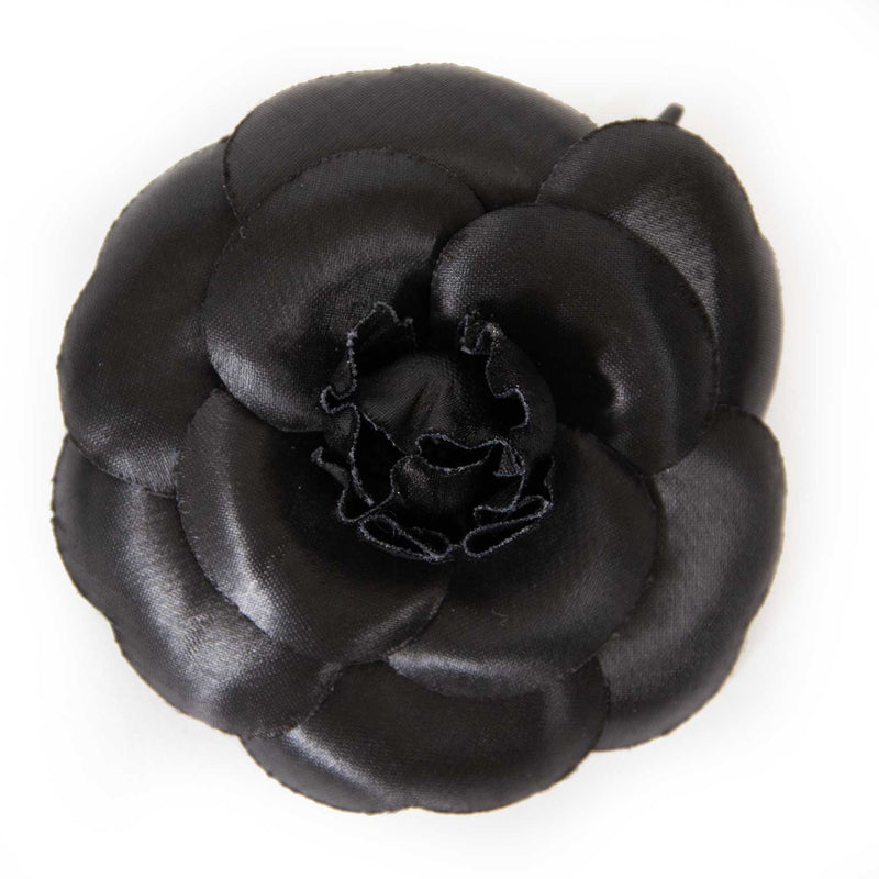 chanel black satin camelia brooch now for sale at labellov vintage fashion webshop belgium