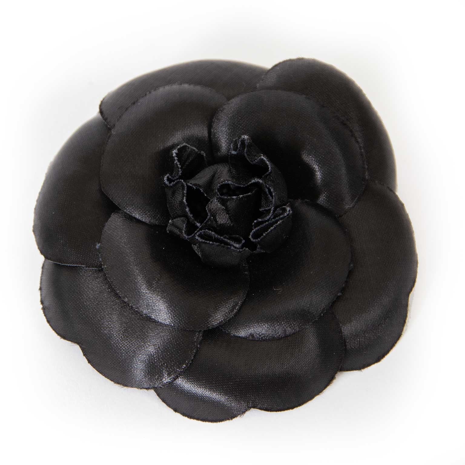chanel black satin camelia brooch now for sale at labellov vintage fashion webshop belgium