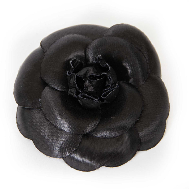 chanel black satin camelia brooch now for sale at labellov vintage fashion webshop belgium