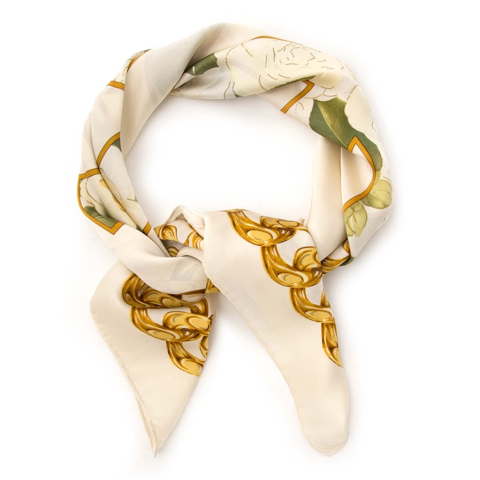 Chanel silk flowers and chains scarf available online at Labellov for the best price.