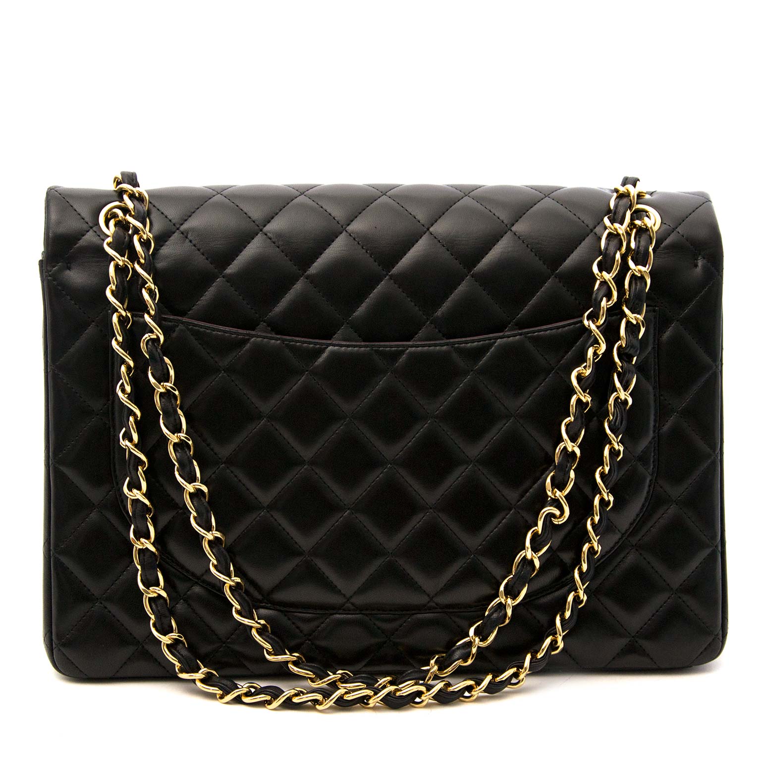 Koop uw authentieke Chanel Black Lambskin Leather Maxi Classic Flap Bag GHW