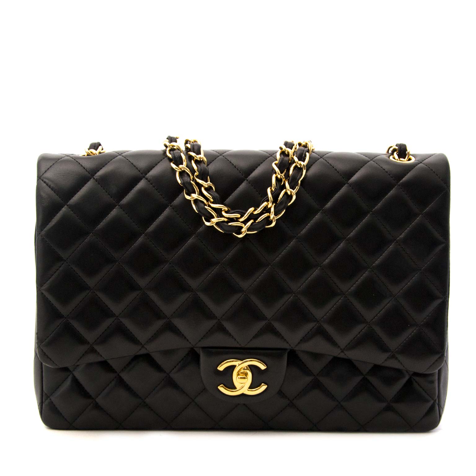 Buy your authentic Chanel Black Lambskin Leather Maxi Classic Flap Bag GHW