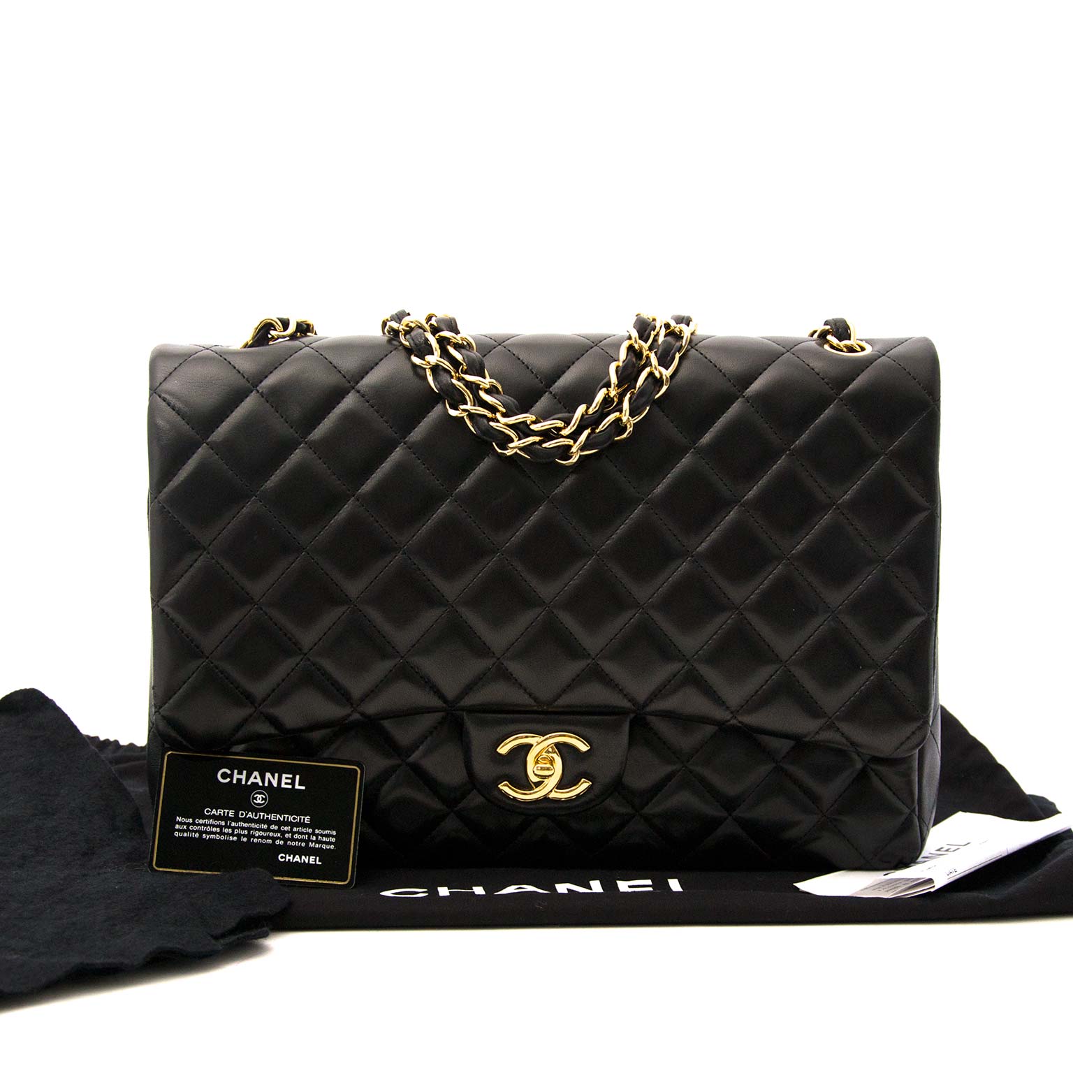 Chanel Black Lambskin Leather Maxi Classic Flap Bag GHW te koop