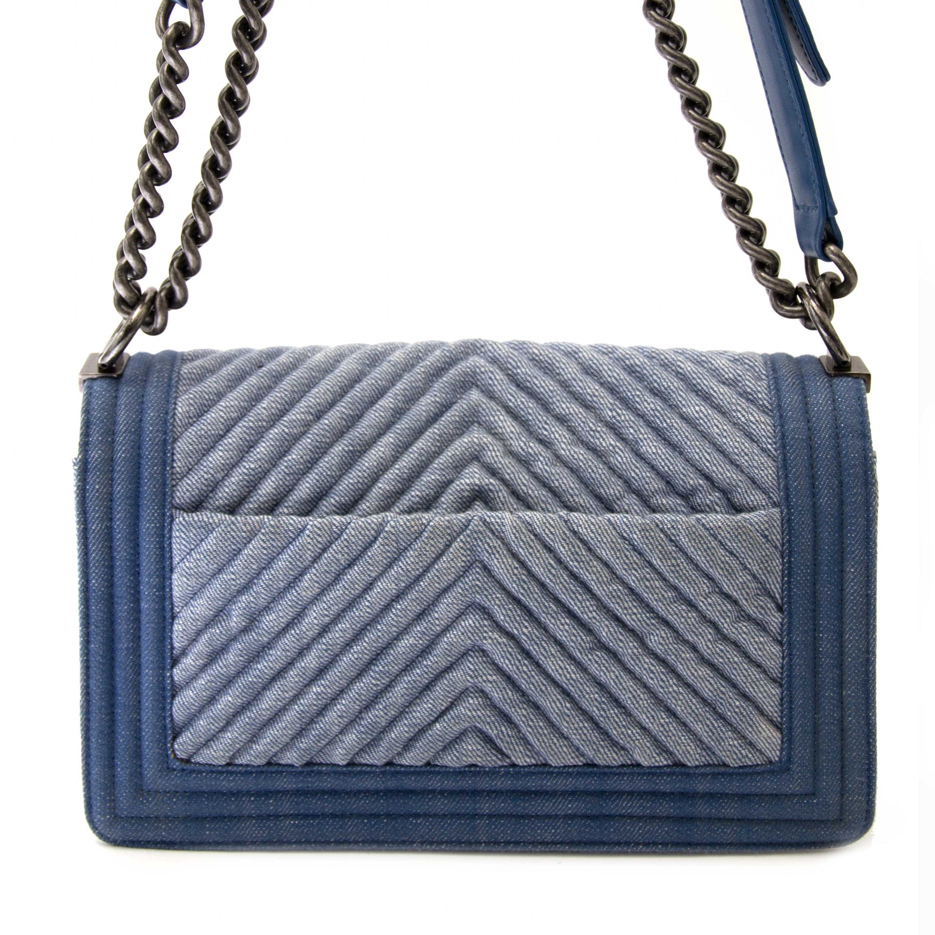 shop safe online 100% authentic Chanel Medium Denim Chevron Boy Bag
